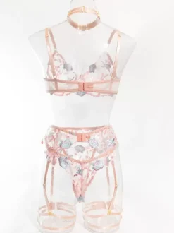 Ensemble De Lingerie Sexy Brodée Rose 4 Pièces Soutien-Gorge Porte-Jarretelles