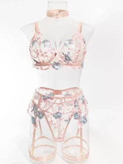 Ensemble De Lingerie Sexy Brodée Rose 4 Pièces Soutien-Gorge Porte-Jarretelles