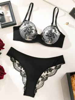 Ensemble De Lingerie Sexy 2 Pièces Soutien-Gorge Culotte Brodés Noirs