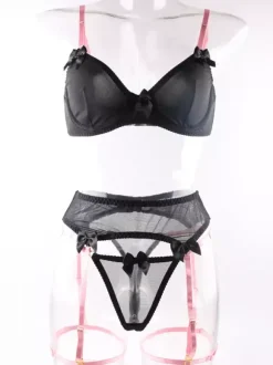 Ensemble de lingerie sexy noir 3 pièces pour adulte soutien-gorge et culotte dos nu avec n艙uds