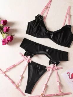 Ensemble de lingerie sexy noir 3 pièces pour adulte soutien-gorge et culotte dos nu avec n艙uds