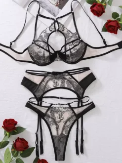Ensemble de lingerie sexy noire 3 pièces soutien-gorge et culotte pour adulte