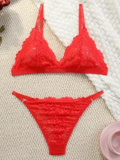 Ensemble de lingerie sexy 2 pièces à imprimé floral avec boutons transparents et soutien-gorge et culotte roses