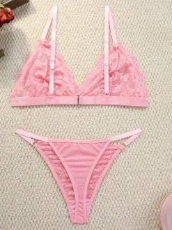 Ensemble de lingerie sexy 2 pièces à imprimé floral avec boutons transparents et soutien-gorge et culotte roses