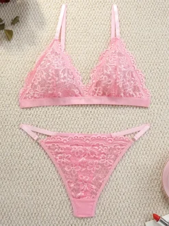 Ensemble de lingerie sexy 2 pièces à imprimé floral avec boutons transparents et soutien-gorge et culotte roses