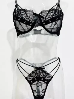 Ensemble De Lingerie String 2 Pièces En Dentelle Noire À Lacet Femme