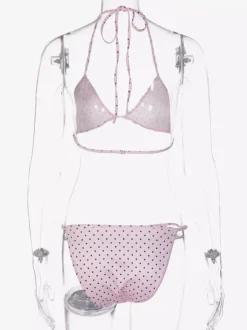 Ensemble de maillot de bain 3 pièces à pois roses pour femme - Micro bikini triangle avec jupe fendue sur le côté et paréo - Été 2026