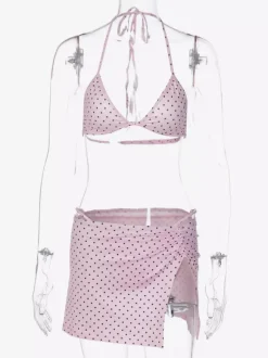 Ensemble de maillot de bain 3 pièces à pois roses pour femme - Micro bikini triangle avec jupe fendue sur le côté et paréo - Été 2026