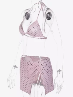 Ensemble de maillot de bain 3 pièces à pois roses pour femme - Micro bikini triangle avec jupe fendue sur le côté et paréo - Été 2026