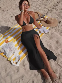 Ensemble de maillot de bain 3 pièces élégant pour femme - Bikini triangle dos nu avec anneau doré et jupe longue de plage - Collection été 2026