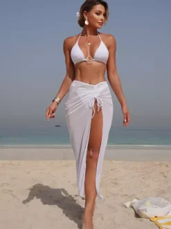 Ensemble de maillot de bain 3 pièces élégant pour femme - Bikini triangle dos nu avec anneau doré et jupe longue de plage - Collection été 2026