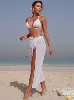Ensemble de maillot de bain 3 pièces élégant pour femme - Bikini triangle dos nu avec anneau doré et jupe longue de plage - Collection été 2026