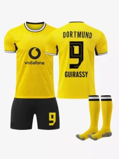 Ensemble de maillots de football domicile 4 pièces Borussia Dortmund 26/27 n° 10 Reus et n° 27 Brandt pour enfants et adultes.