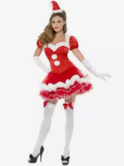 Ensemble De Noël Femmes Robe Rouge Gants Chapeau Costumes Noël Déguisement