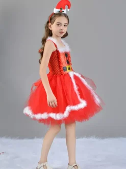 Ensemble de Noël pour fille Robe rouge Cape Chapeau Polyester Costumes de vacances de Noël