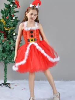 Ensemble de Noël pour fille Robe rouge Cape Chapeau Polyester Costumes de vacances de Noël