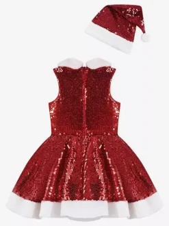 Ensemble de Noël pour fille robe chapeau rouge costumes de vacances de Noël en polyester