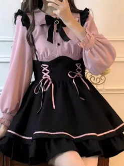 Ensemble de pièces de remorquage Subculture jupe mignonne à lacets avec volants mini-jupe taille haute Yami Kawaii pour femmes produite en série