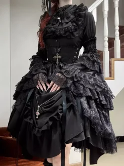 Ensemble de robes gothiques lolita noires à lacets manches longues et volants