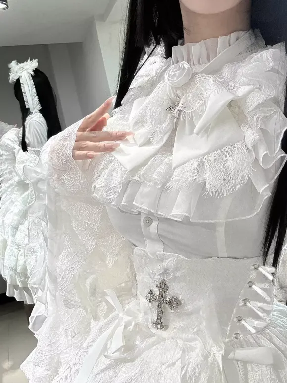 Ensemble de robes gothiques lolita noires à lacets manches longues et volants