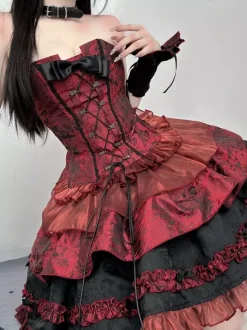Ensemble de robes Lolita gothiques rouges sans bretelles à lacets et volants