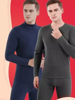 Ensemble de sous-vêtements pour homme col montant doublé polaire coupe ajustée chaud composé d'un haut et d'un bas.