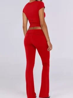 Ensemble de yoga deux pièces pour femme - Haut court à manches courtes et coupe ajustée et pantalon évasé - Tenue de sport et de détente été 2026