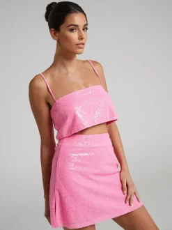 Ensemble deux pièces à paillettes haut court et mini-jupe tenue de fête d'anniversaire pour femme 2026
