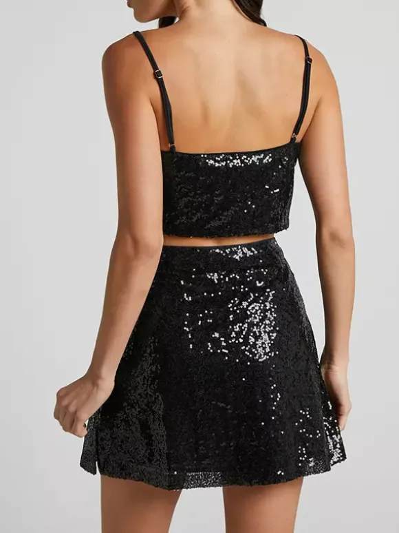 Ensemble deux pièces à paillettes haut court et mini-jupe tenue de fête d'anniversaire pour femme 2026