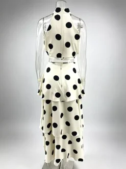Ensemble deux pièces à pois pour femme - Haut court rétro à col halter et jupe longue à volants - Garden Party d'été 2026