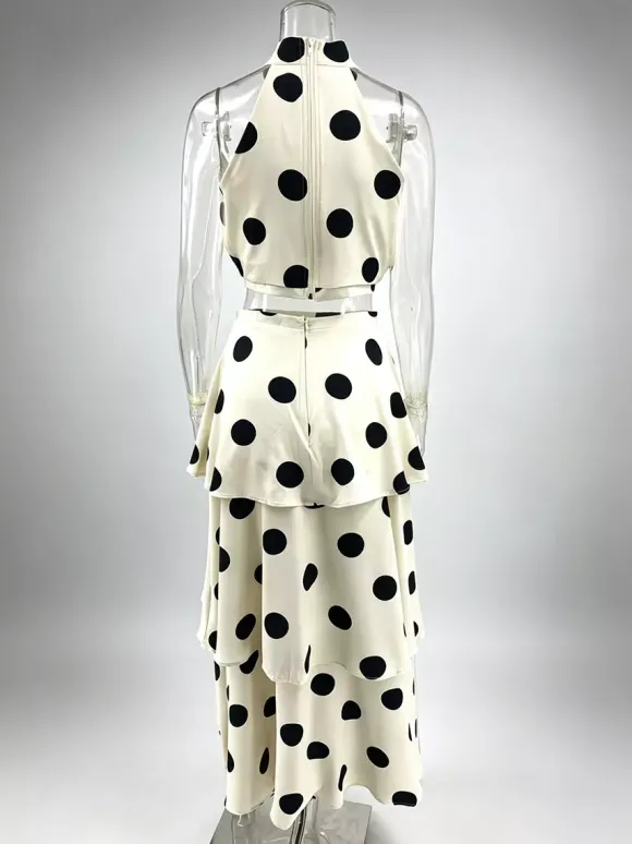 Ensemble deux pièces à pois pour femme - Haut court rétro à col halter et jupe longue à volants - Garden Party d'été 2026