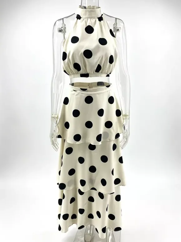 Ensemble deux pièces à pois pour femme - Haut court rétro à col halter et jupe longue à volants - Garden Party d'été 2026