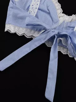 Ensemble deux pièces à rayures bleues style streetwear chic bretelles en dentelle jupe sans manches
