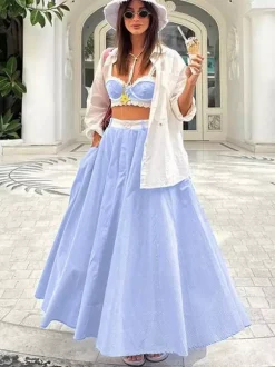 Ensemble deux pièces à rayures bleues style streetwear chic bretelles en dentelle jupe sans manches