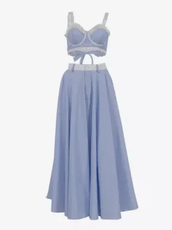 Ensemble deux pièces à rayures bleues style streetwear chic bretelles en dentelle jupe sans manches