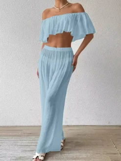 Ensemble deux pièces blanc décontracté de plage pantalon sans manches gainant à épaules dénudées