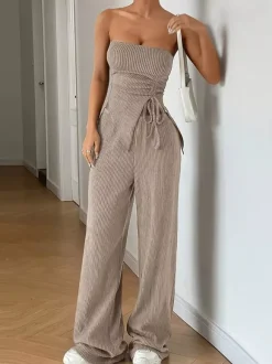 Ensemble deux pièces côtelé pour femme - Haut tube sexy kaki et pantalon large - Vacances d'été à la plage 2026