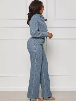 Ensemble deux pièces en denim texturé pour femme - Chemise bleue courte décontractée à cordon de serrage et pantalon large - Collection streetwear printemps 2026