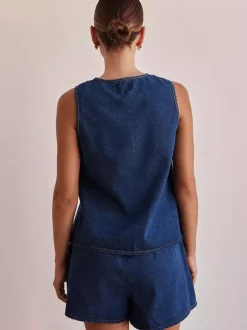 Ensemble deux pièces en denim pour femme - Haut sans manches bleu décontracté à nouer sur le devant et short assorti - Tenues streetwear d'été 2026
