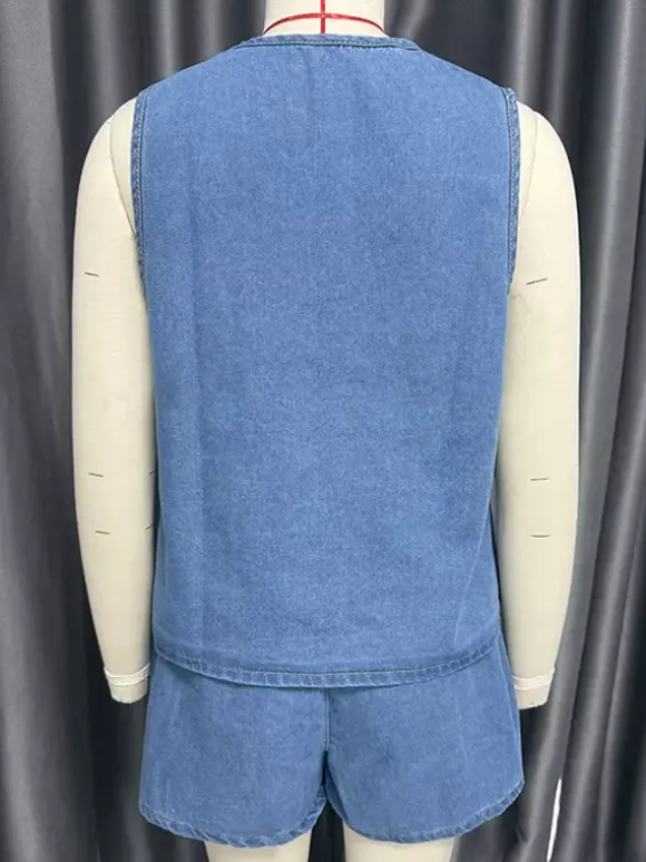 Ensemble deux pièces en denim pour femme - Haut sans manches bleu décontracté à nouer sur le devant et short assorti - Tenues streetwear d'été 2026