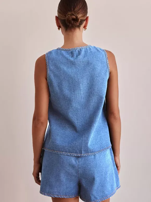 Ensemble deux pièces en denim pour femme - Haut sans manches bleu décontracté à nouer sur le devant et short assorti - Tenues streetwear d'été 2026