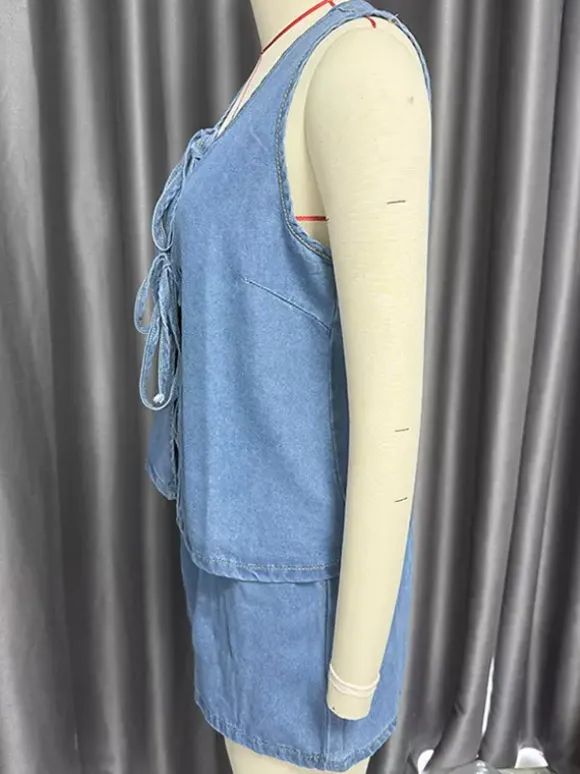 Ensemble deux pièces en denim pour femme - Haut sans manches bleu décontracté à nouer sur le devant et short assorti - Tenues streetwear d'été 2026
