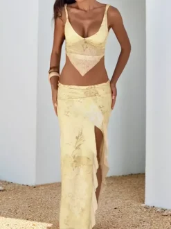 Ensemble deux pièces jaune sexy streetwear haut sans manches col V et jupe