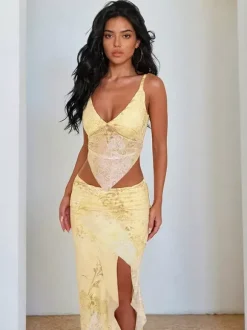 Ensemble deux pièces jaune sexy streetwear haut sans manches col V et jupe