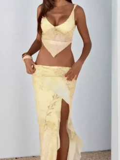 Ensemble deux pièces jaune sexy streetwear haut sans manches col V et jupe