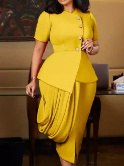 Ensemble deux pièces jaune décontracté plissé streetwear en polyester à col rond et manches courtes asymétriques