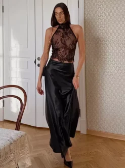 Ensemble deux pièces noir décontracté chic en dentelle jupe sans manches