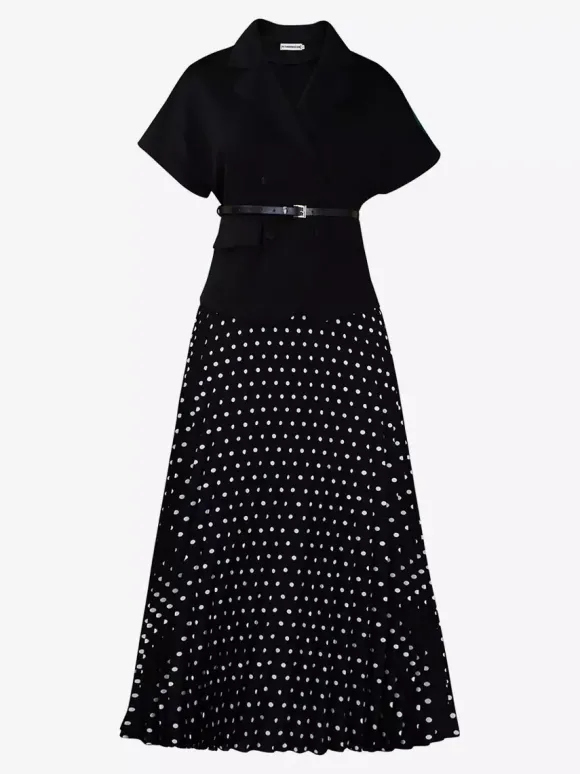 Ensemble deux pièces noir à pois style streetwear décontracté jupe à manches courtes et col rabattu