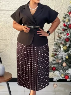 Ensemble deux pièces noir à pois style streetwear décontracté jupe à manches courtes et col rabattu