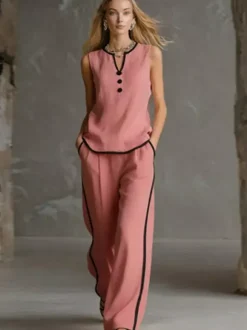 Ensemble deux pièces noir chic bicolore streetwear boutons polyester col rond sans manches